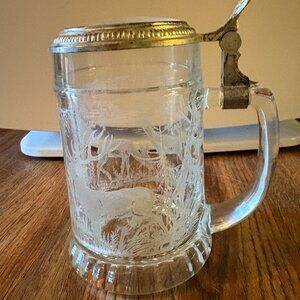 Vintage Etched Glass Deer Design Beer Stein-Pewter Lid-Very Good Condition